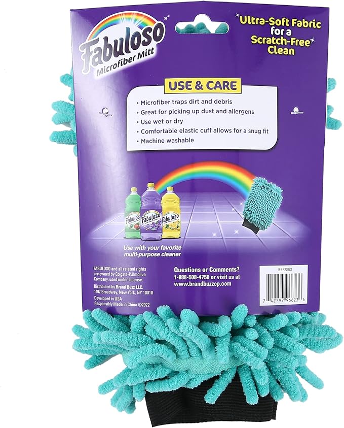 Fabuloso Microfiber Cleaning Mitt Glove, Teal, One Size, 3-Pack | Lint-free, scratch-free design, for dusting furniture, blinds, shelves, and car interiors, reusable daily