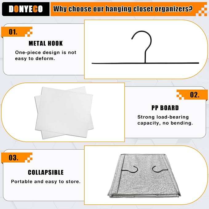Hanging Closet Organizer 5-Shelf, Oxford Linen Wardrobe Storage, Gray | Easy-mount foldable design holds clothes, handbags, shoes & accessories; washable Oxford fabric, sturdy and space-saving.