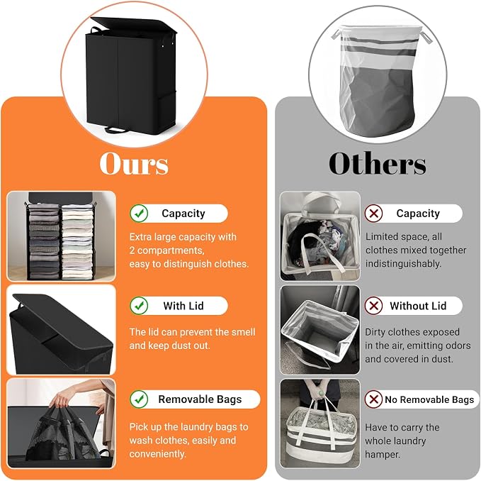 136L 2 Section Laundry Hamper with Lid, Laundry Basket, Black | Large Laundry Hampers with Reinforced Handles & Removable Bags, Tall Dirty Clothes Hamper for Laundry Room, Bedroom, Bathroom