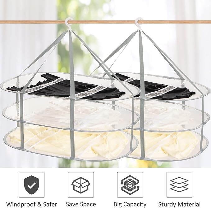2 Pack 3-Tier Folding Mesh Clothes Hanging Dryer, Sweater Drying Rack, Large Laundry Drying Rack, Lay fold Flat Dry Hanger, Mesh Clothes Hanging Dryer - XL(3Tier)+XL(3Tier)