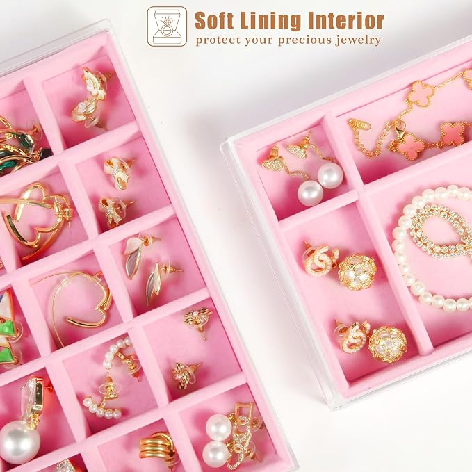 GUOER Earring Organizer, Acrylic Jewelry Box with 5 Drawers for Women, Pink | Clear Earring Holder Organizer Box, Stud Earring Ring Display Storage Case Large, Adjustable Velvet Trays Girls Gifts