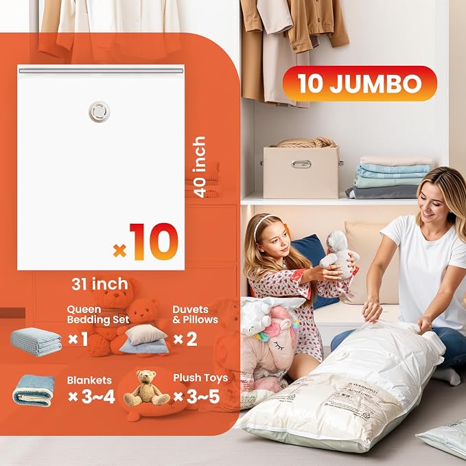 TAILI 10 Pack Vacuum Storage Bags, Jumbo Size (31×40 inch), Vacuum Seal Bag for Clothing, Bulky Bedding, Comforter, Blankets, Pillows, Space Saver Packing