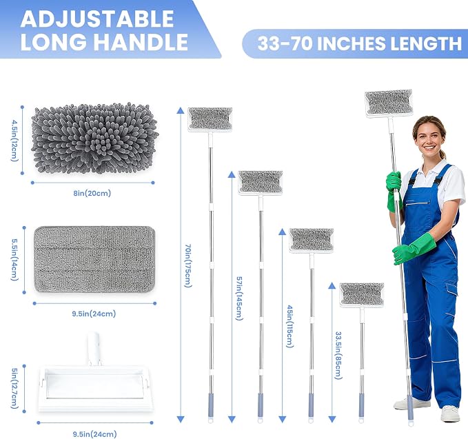 Ceiling Fan Cleaner Duster with 80'' Extendable Long Handle Pole - Microfiber Chenille Pads for Blades, Baseboards, Walls, Floors, Blinds & Cobwebs - Reusable & Washable