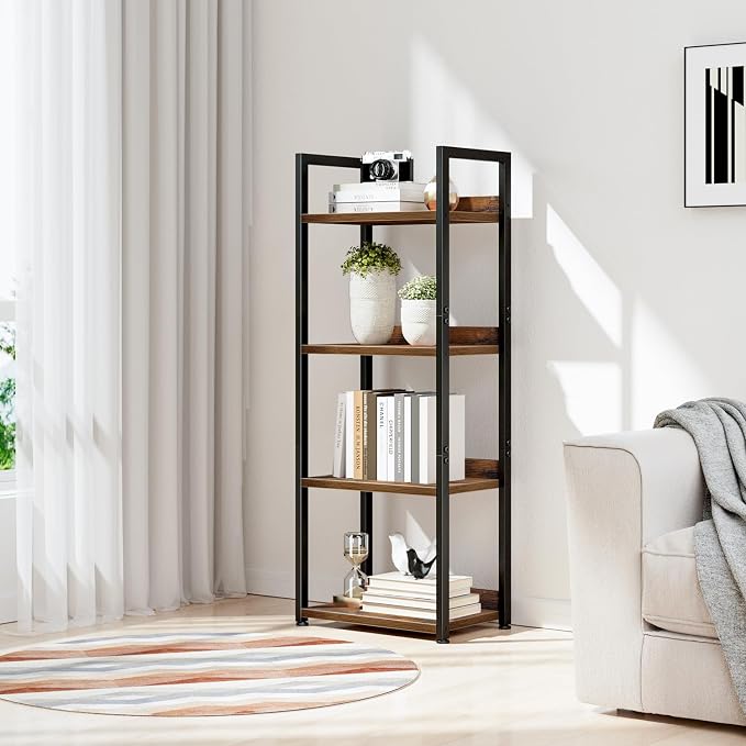 NUMENN Narrow Bookshelf, 4 Tier Freestanding Shelving Unit, Vintage | Small Book Shelf for Small Spaces, Metal Frame & Wood Shelves, Falling Prevention Baffle, Bookcase for Bedroom&Home Office