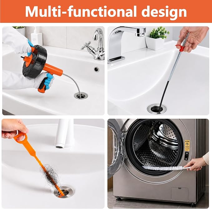 Drain Snake 8Set-33Ft Drain Clog Remover,34inch Heavy Duty Plumbing Snake,20inch Hair Clog Remover,18inch Cleaning Brush,Goggles and Gloves for Bathtub,Toilet,Sewer,Kitchen Sink,Drainage Pipe