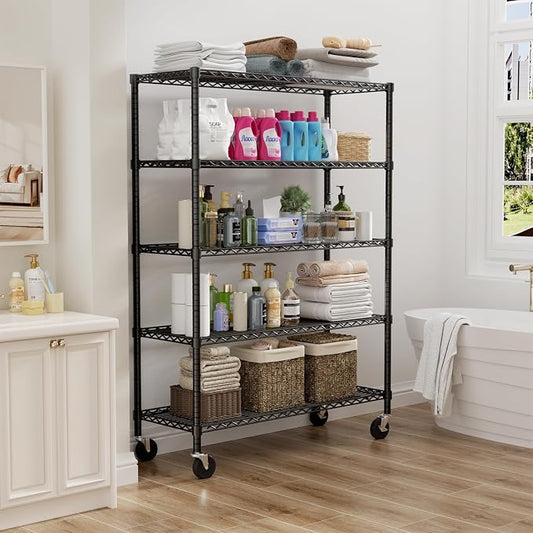 ROOMTEC 5-Tier Wire Shelving with Wheels,45"W*20"D*72"H,Max Load 2000 lbs | Rolling Garage Shelves,Heavy Duty Storage Shelf,Adjustable Metal Shelf Rack for Kitchen,Laundry,Pantry,Warehouse,Basement