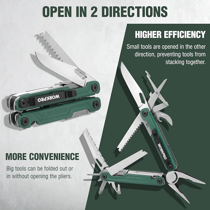 WORKPRO 18-in-1 Multi Tool Pliers, Gifts for Men, Stainless Steel EDC Multitool with Pocket Knife, 2 Safety Locks, Belt Clip and Oxford Pouch, Utility Multiuse Tool for Camping (Pack of 2)