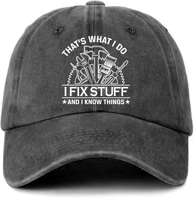 Funny Tool Hats That's What I Do I Fix Stuff and I Know Things Printed Cotton Adjustable Baseball Caps Men's Distressed Black Baseball Hats Trendy Birthday Gifts for Dad Husband Neighbor