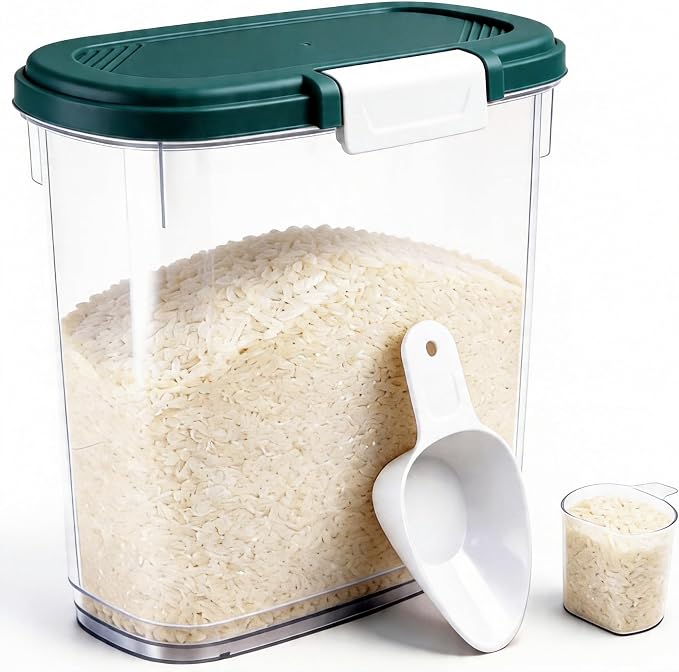 Rice Storage Container 15-20 Lbs, Tall Flour Bin Container with Scoop, Cup | Slim Dry Food Container Storage Bin for Cereal, Sugar, Beans, Pet, Dog, Cat Food, Kitchen and Pantry Storage Organization