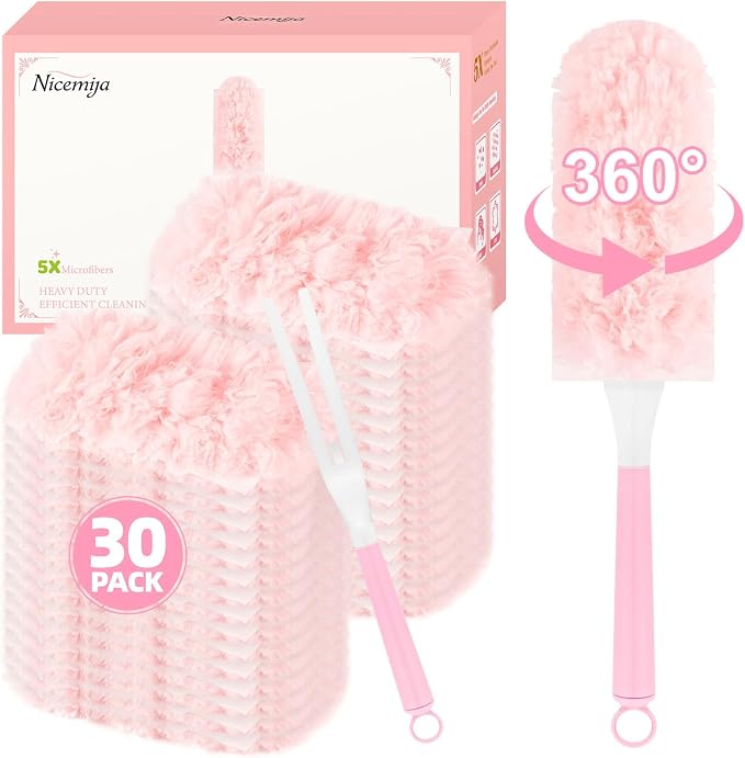 Duster Refills for Swiffer Duster, 30 Count Pink Duster Kit with Handle | 2 Sided 360° Heavy Duty Duster Refills, 5X Microfibers Trap Dust, Disposable Heavy Duty Dusters for Home, Office Cleaning