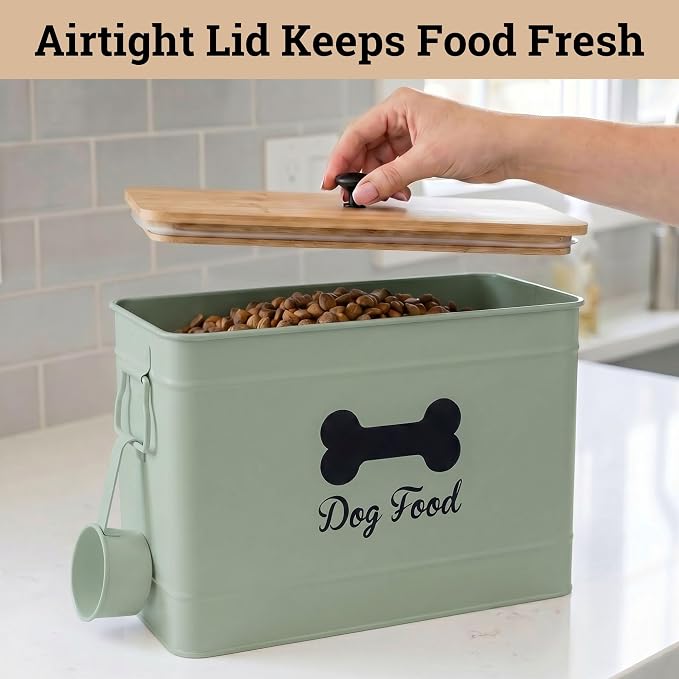 Dog Food Container Airtight Bamboo Lid 15-20 lb Sturdy Metal Handle 70 Cups | Pet Jar For Dogs up to 100lbs, Airtight Bamboo Lid, Sturdy Comfortable Metal Handle, Powder Coated Iron, Kibble Storage Bin