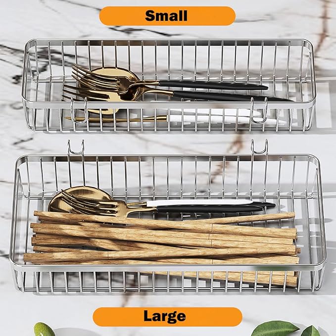 Sturdy 304 Stainless Steel Utensil Drying Rack Basket, Utensil Drying Rack, Basket Holder with Hooks, Rust Proof, No Drilling