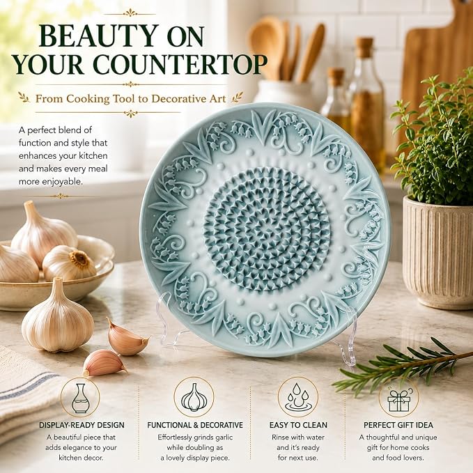 Ceramic Garlic Grater Plate Set with Rack & Cleaning Brush (Grey) | Textured ceramic surface grates garlic, ginger and tomatoes quickly; includes rack, brush and peeler for easy kitchen use