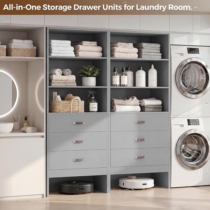 Armocity 4FT Closet System with Leather Handles, 48" Walk-in Closets Storage Unit with Cabinet, Wood Wardrobe Closet Organizer and Storage with 6 Drawers, Set of 2, Grey