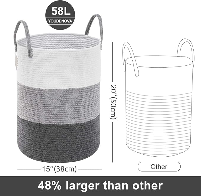 YOUDENOVA Cotton Rope Laundry Hamper Basket, 58L Blanket Basket for Nursery | Large Woven Laundry Hamper with Sturdy Handles, Collapsible Home Decor Laundry Basket for Laundry, Clothes, Toys in Bedroom