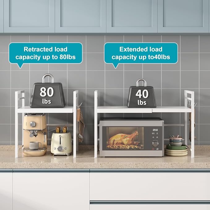 DOLALIKE Expandable Microwave Stand Kitchen Countertop Organizer, White | Adjustable Microwave Oven Rack Metal Storage Shelf with 3 Hooks for Pans Small Appliances Kitchen Utensils Tableware, 2-Tier