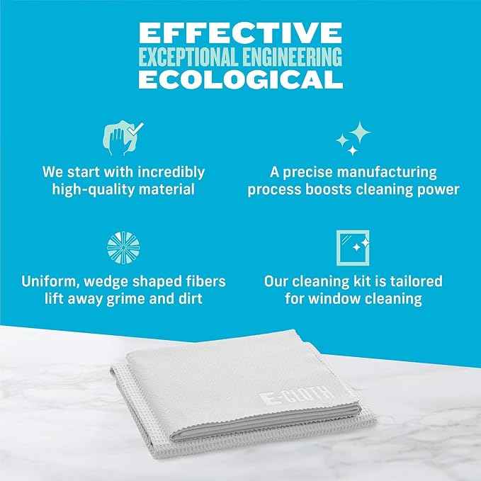 E-Cloth Microfiber Window Cleaning Cloth Kit - Glass Cleaning Cloth for Windows, Mirrors, Cars, Lenses, Eyeglasses, & More, Streak Free Clean, Machine Washable Reusable Towel - Recycled (2 Kits)