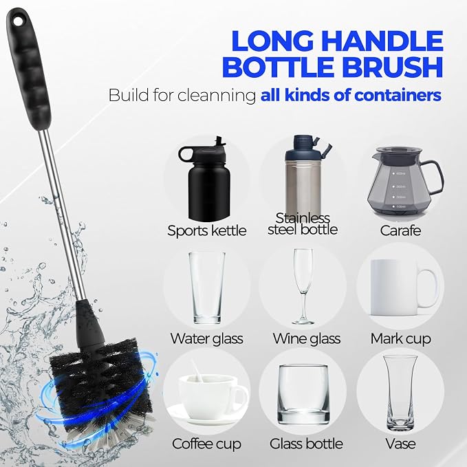 Holikme 6 Pack Bottle Brush Set, 14" Long Handle Stainless Steel Bottle Cleaner Brush, 3 Straw Brushes, Bottle Cleaning Brush for Water Bottle, Baby Bottle Straws, Black