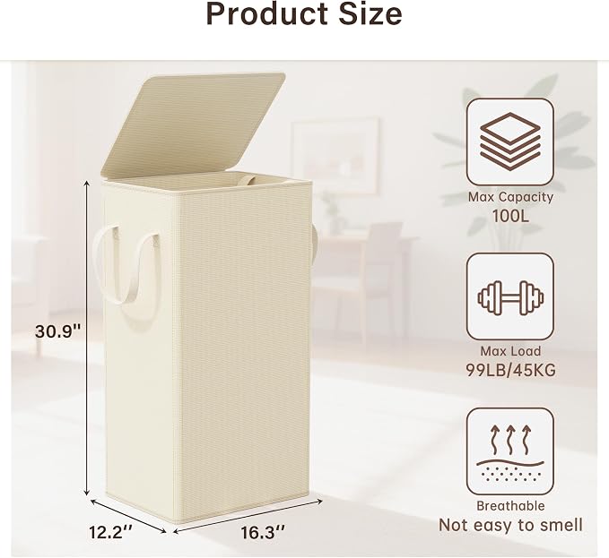 Criusia Laundry Hamper with Lid and Foot Pedal, 100L Fabric Laundry Basket with Removable Mesh Bag, Slim Foldable Design for Bathroom and Laundry Room (Beige)