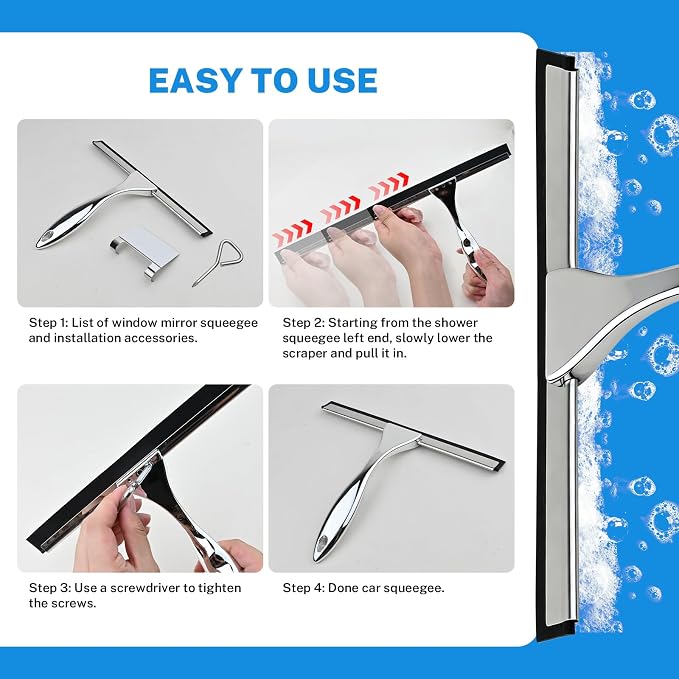 Hotel Grade Stainless Steel Squeegee 10 Inch with Adhesive Hooks - Commercial Shower Squeegee for Hotel Bathroom Glass Door Mirror Tile, Streak-Free Multi-Purpose Cleaning Tool for Hotel Use, Silver