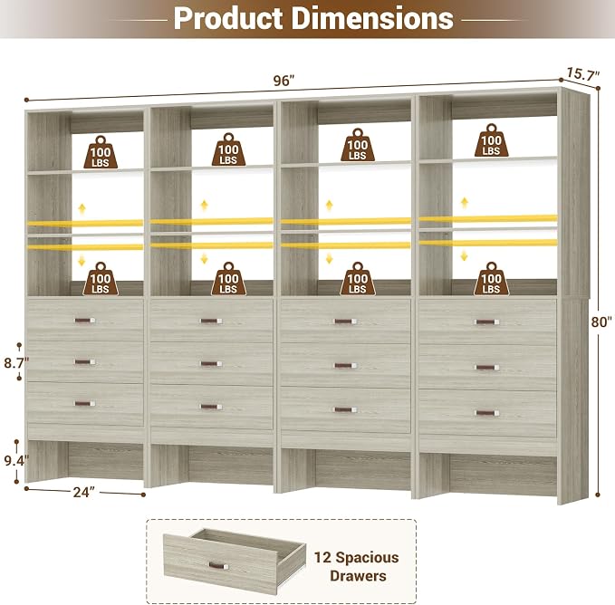 8FT Closet System with Leather Handles, 96" Walk-in Closet Storage Unit with Cabinet, Wood Wardrobe Closet Organizer and Storage with 12 Drawers, Set of 4, White Oak