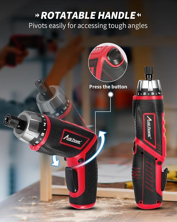 AVID POWER 4V Electric Cordless Screwdriver Set 5.65Nm 11 Bits - RED | 5.65Nm, 5+1 Torque Settings, 2-Position Handle, 11 Accessories, LED Light, for Precision Assembly & Furniture Installation