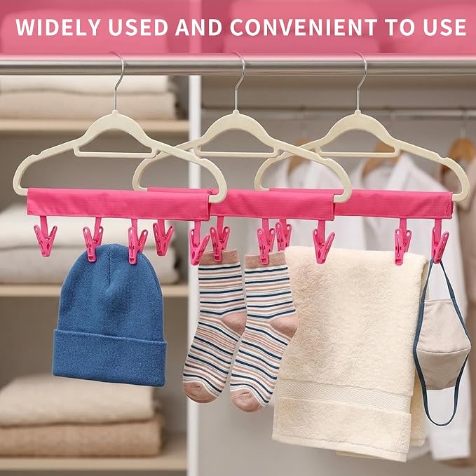Mini Clothespins Travel Hangers 3-Pack Rose Red, Foldable Portable Clothes Hangers with 6 Non-Slip Clips for Socks Swimsuit Towel Drying Rack, Cruise Dorm Camping Travel Essentials