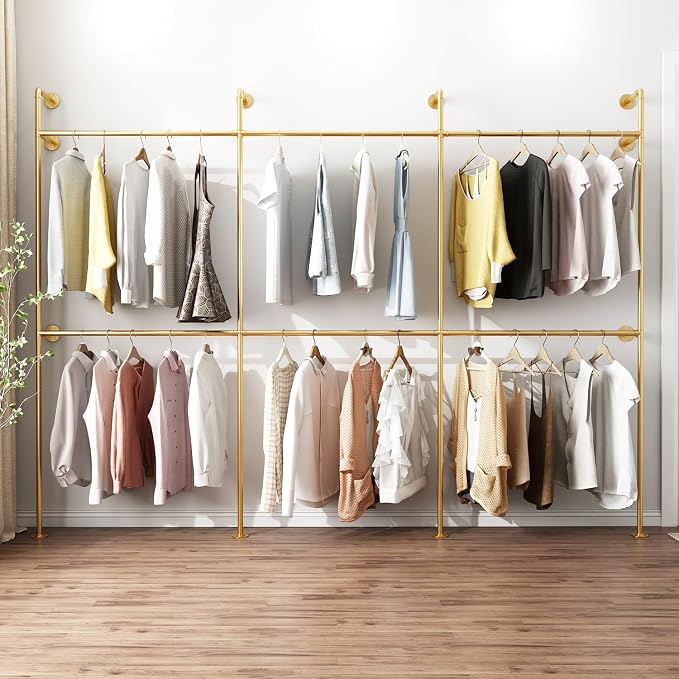 Industrial Pipe Clothing Rack, Heavy Duty Metal Clothes Rack with Double Rods for Hanging Clothes, Wall Mount Space-Saving Garment Display Rack (Three, Gold)