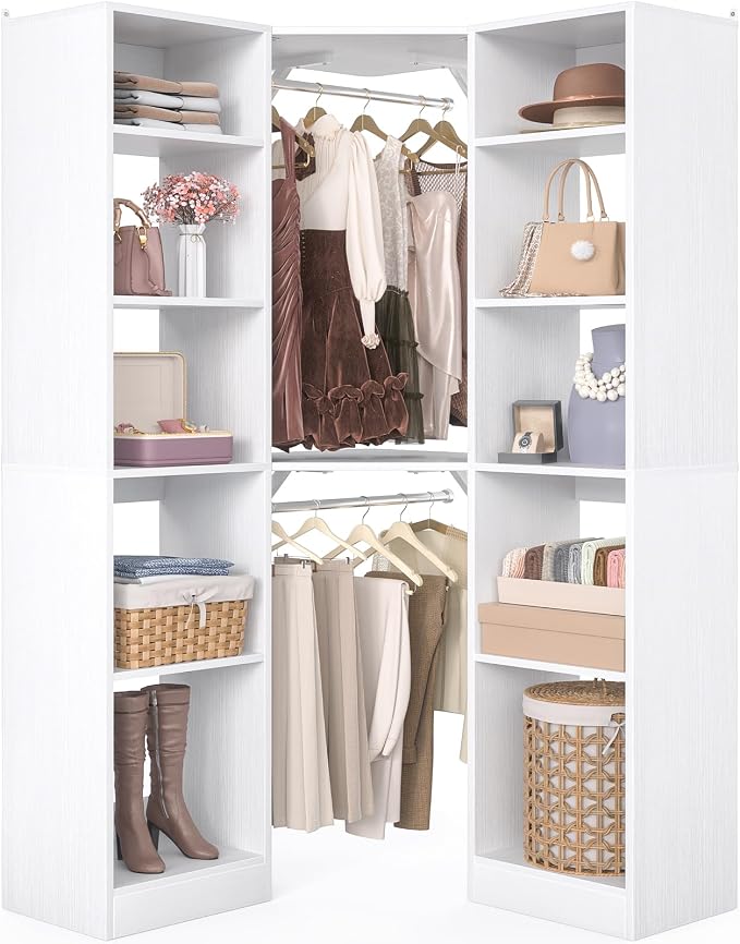 Besiost Corner Closet System with 12 Shelves, 39.2" Corner Closet Organizer System with 2 Hanging Rods, Versatile 6-Tier Walk-in Closets for Corner Space, White (39.2" L x 39.2" W x 80" H)