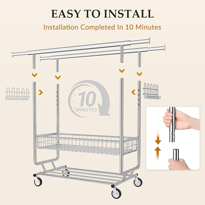 Gewudraw Clothes Rack Heavy Duty Load 1060 LBS With 4" Wheels,Commercial | Double Rod Rolling Clothing Rack,Extendable,Basket,Shelf, Hooks,Garment Rack for Bedroom, Laundry Room & Retail Store,Silver