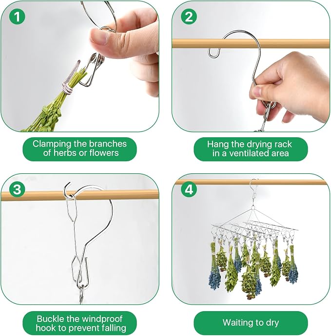Herb Drying Rack for Drying Spices, Rustproof Dryer with 30 Hooks | 4 Pack, No Assembly Required, 360° Swivel Air Circulation, Space Saving Foldable, for Herbs Flowers Tea Balcony Outdoor Use