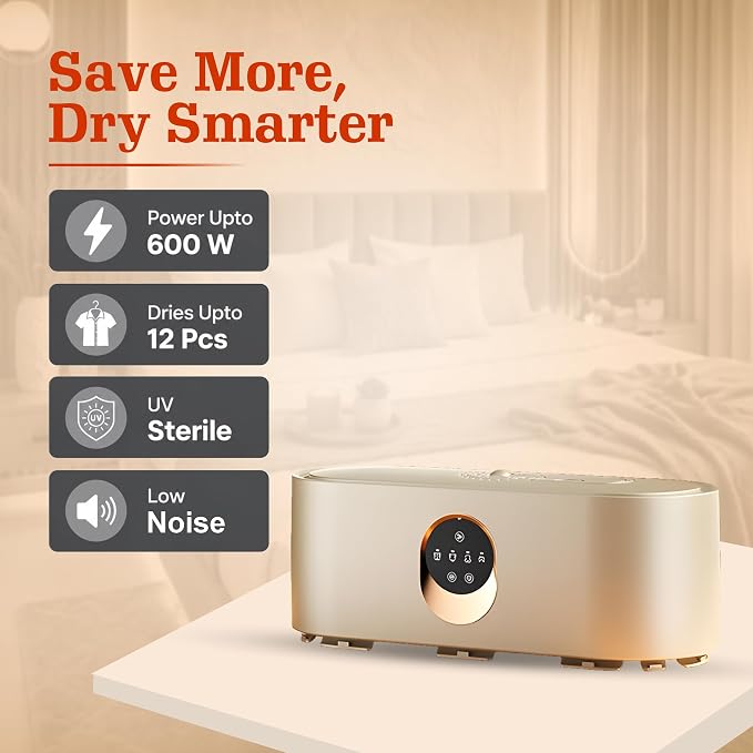 Portable Clothes Dryer for Upto 12 Clothes with Remote Control Compact Form | Compact Dryer for Clothes Apartment, RV, Travel Built-in LED UV, Adjustable 8-Hour Timer with Fast-Drying Stress-Free Setup