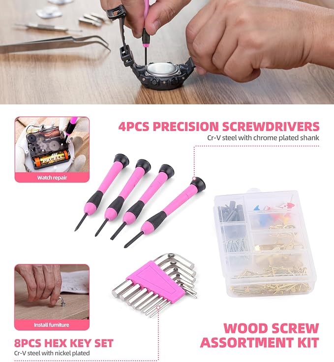 DOWELL Pink Tool Set with 3.6V Cordless Screwdriver Tool Kit, 143 Pcs | for Women, Homeowner Plastic Tool box Storage Case