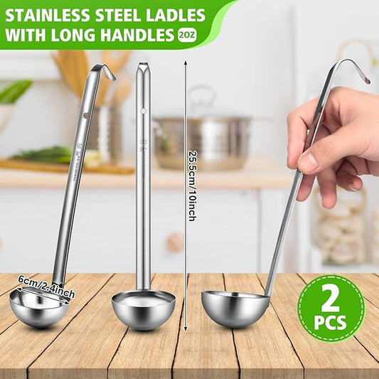 Potchen 10 Pcs Stainless Steel Soup Ladle Set Small Ladle Sturdy Long Handle Portion Control Serving Spoons for Cooking Sauce Gravy Stirring & Kitchen Home Use(2 oz)