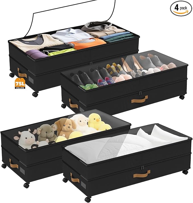 75L 4 Pack Adjustable Under Bed Storage with Wheels | Underbed containers with clear lids, rolling under bed shoe storage organizer for dorm home clothes, blankets, shoes, black