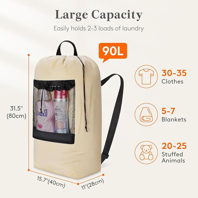 Lifewit Laundry Bag Backpack Travel, 90L, Khaki | Extra Large Bag with Shoulder Straps and Mesh Pocket for Laundromat, Heavy Duty Basket for Dirty Cloth College Dorm Apartment