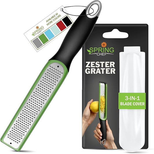 Spring Chef Premium Lemon Zester Grater with Handle - Orange, Garlic, Ginger, Nutmeg, Cheese Grater- Handheld Sharp Kitchen Tool - Stainless Steel Citrus Zester with Blade Cover - Fine Shred, Green