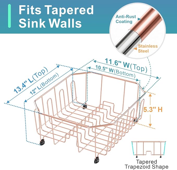 GSlife Small in Sink Dish Drying Rack - Stainless Steel Compact Dish Drainer for RV Kitchen Apartment Sink, Rust Resistant Inside Sink Rack, 1–2 Person Households, 11.6" W x 13.4" L, Rose Gold