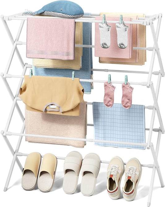 KINGBOARD 3-Tier Extendable Clothes Drying Rack, Small & Foldable, White | 37.4"H x 33.8"W x 11.2"D, Space-Saving Collapsible, Easy Assembly, Rust-Resistant Iron Frame, Indoor Outdoor Use, 25lb