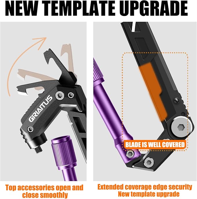 Carabiner Multitool with Pocket Knives, EDC Carabiners Gift for Camping Men | Serrated Knife, Rope Cutter, Screwdriver, Can Bottle Opener, Ruler, Folding Knife for Hiking, (Purple)
