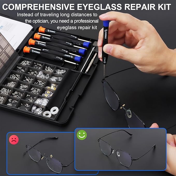STREBITO Glasses Repair Kit, All-in-One Eyeglass Repair Kit | 16 Sizes of Screws, 12 Pairs of Nose Pads & Tweezer, Precision Screwdriver Set for Glasses, Sunglasses & Small Electronics