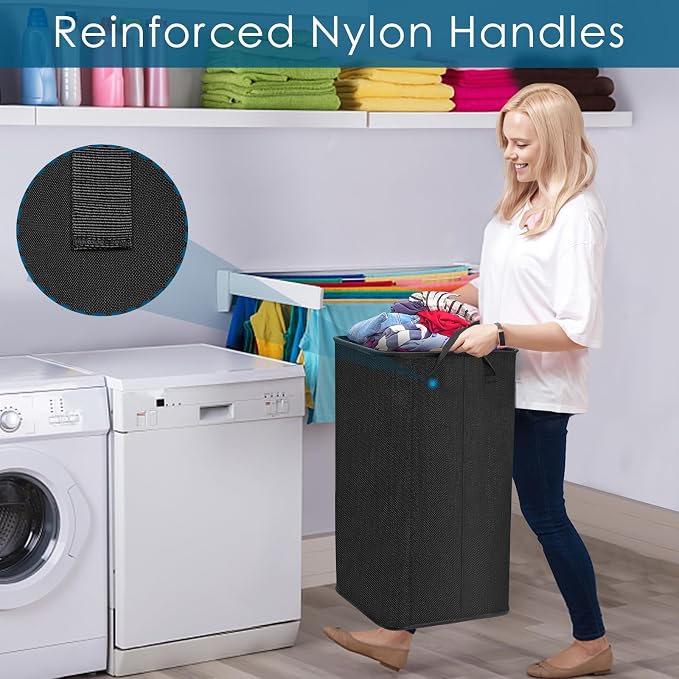 SNIGJAT Large Laundry Basket, 80L Collapsible Tall Hamper with Handle Black | Dirty Clothes Hamper for Bedroom, Rectangular Sturdy Laundry Basket for College, Dorm, Towels, Toys