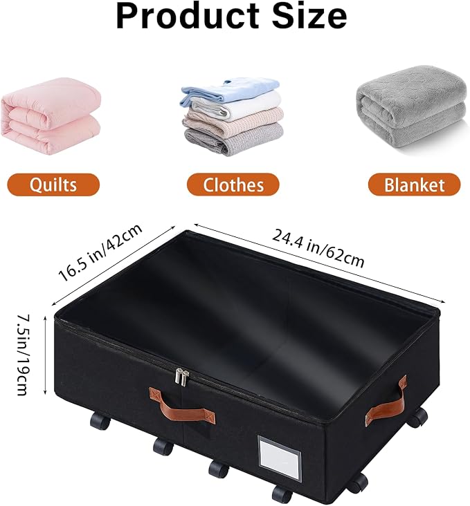 Freebat Under Bed Storage with Wheels 2 Pack, Underbed Container | 7.5 inch Height Under Bed Drawers with Clear Lid Cover, Storage Bag Box with Visiable Window for Clothes, Bedsheet, Pillow