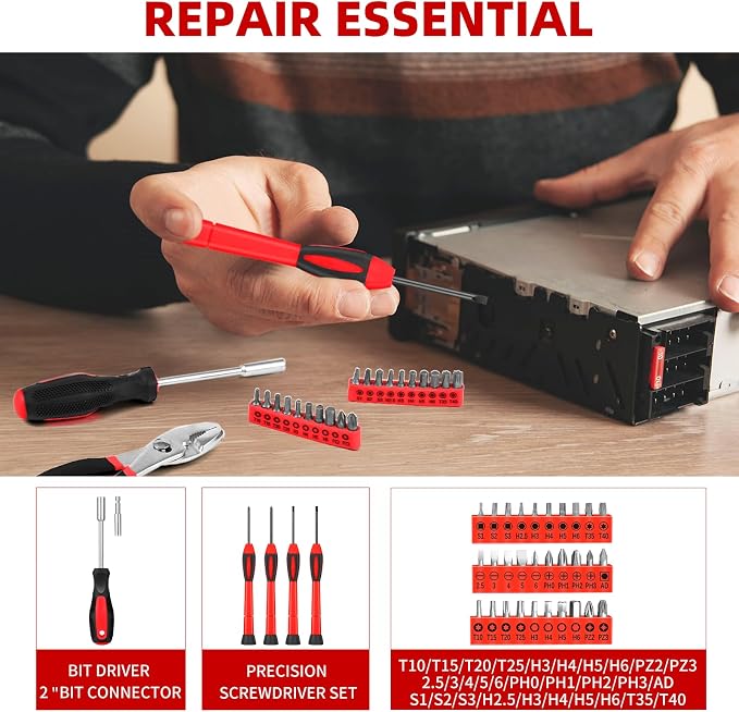 144-Piece Red Home Tool Set, Household Hand Kit with Plastic Toolbox | Basic repair tools for women & college students, all-purpose dorm set for home, apartment, office & daily household DIY use