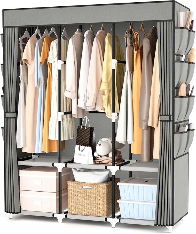 Portable Closet with Cover, 3 Hanging Rods and Side Pocket, Sturdy Free Standing Closet, Grey