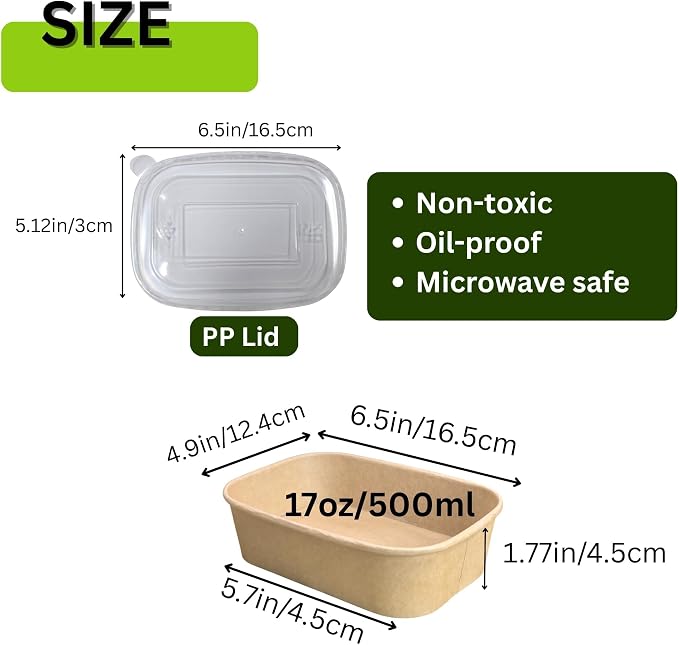 17oz Disposable Food Meal Prep Container with Lids, 50 Sets Paper Acai Bowls Compostable for Soup Noodles Microwave Safe, Leak-Proof Salad Bowl for Lunch Party Home School Take Out