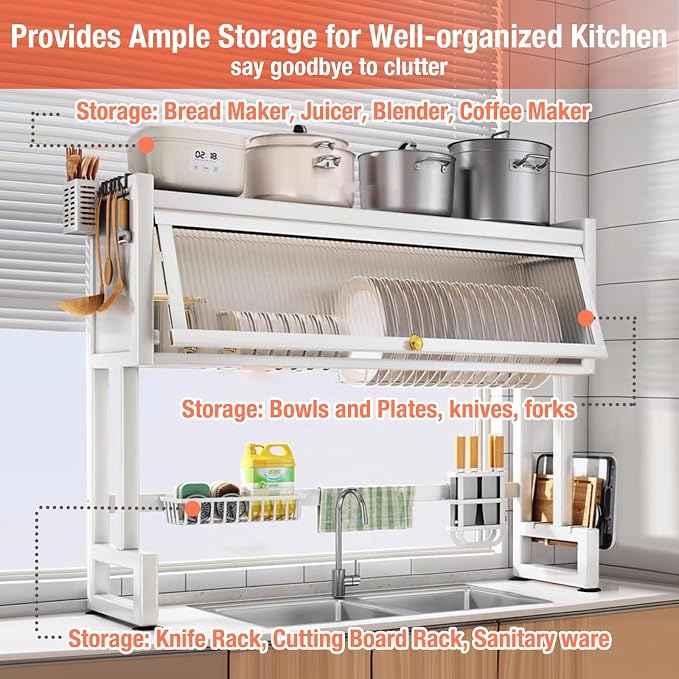 Hdrriozu Over the Sink 3 Tier Dish Drying Rack with Cover, Milkshake White | Rust resistant built last. Easy install simple tools. Holds dishes glasses bowls. Space saving over sink tidy kitchen.