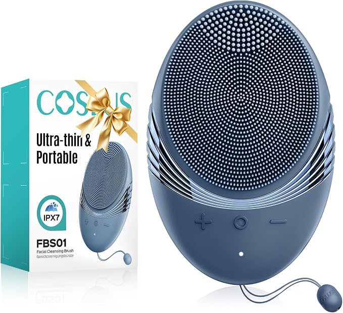 COSLUS FBS01 Facial Cleansing Brush Face Scrubber, Compact for Travel | Rechargeable, Gentle Silicone, 5 Cleansing Modes, Deep Cleaning for Men & Women, Removing Blackhead Exfoliating, Navy Blue