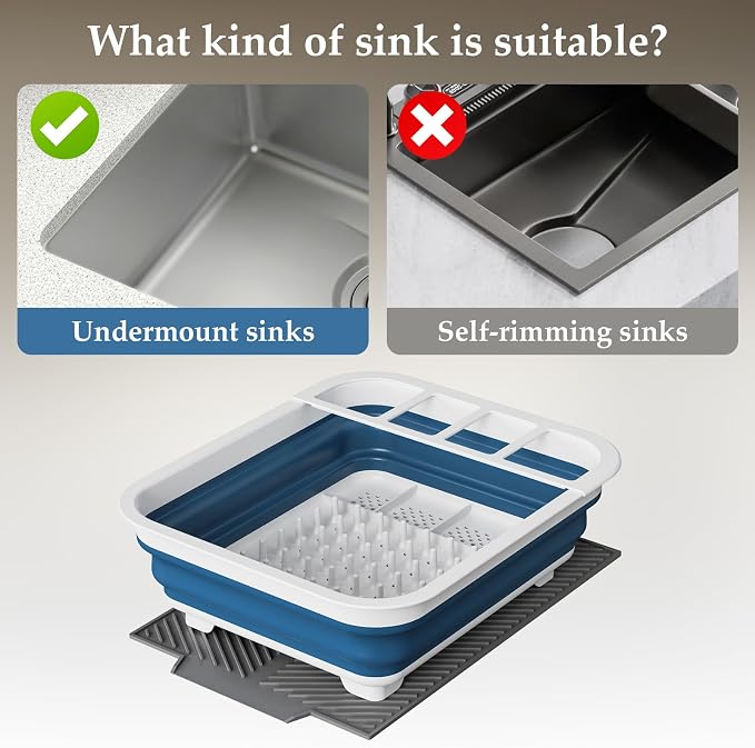 Dish Rack,Drying Rack Kitchen, Dish Racks for Kitchen Counter, Collapsible Dish Drying Rack—Suitable for Kitchens, motorhomes, Yachts, Campers - Blue-White (with Silicone Drain Pad)