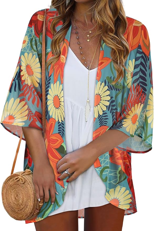 Women Kimono Cardigans Summer Cover Up Hawaiian Shirts Floral Print Tops | ROSEMIA chiffon kimono open front cardigans, beach cover ups, daily casual tops, cruise outfits, summer resort wear